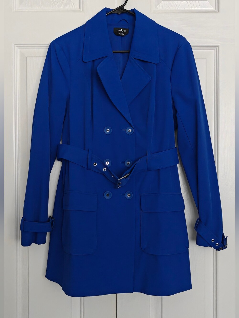 bebe Double-Breasted Belted Trench Coat - Cobalt Blue